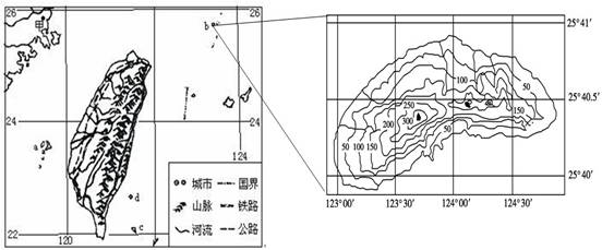 下面为我国台湾岛及附属岛屿图和钓鱼岛等高线地形图,读图回答14～15