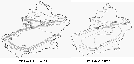 材料一:新疆年平均气温分布,年降水量分布状况.