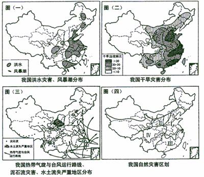 (三)是"我国部分灾害分布"示意图(四)是"我国自然灾害区划"示意图