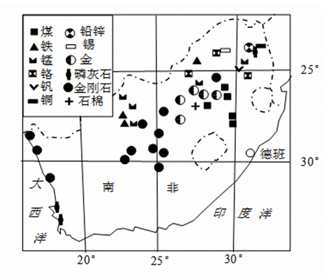 下图是南非矿产资源分布图,读图回答20-21题.