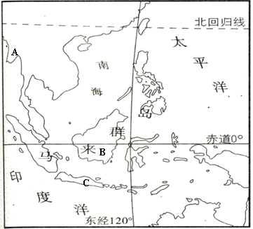 读东南亚地图,回答以下各题(12分)(1)写出a国地形,气候特征.(2)在图中
